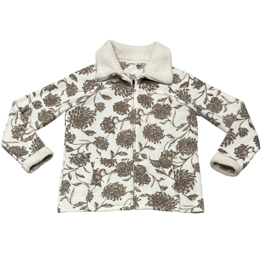 Croft & Barrow ivory and beige floral-print fleece sherpa sweater jacket Sz L